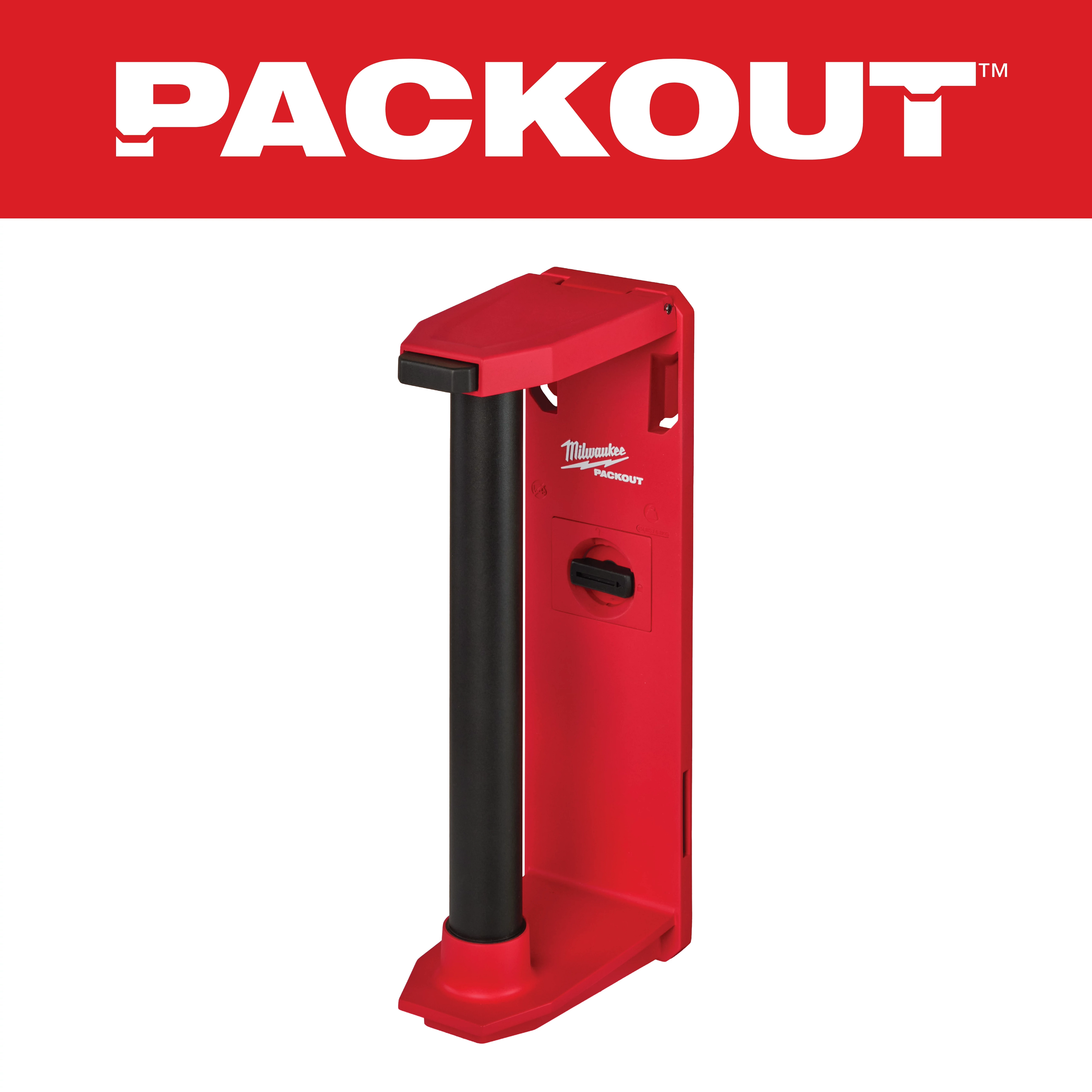 The PACKOUT Roll Holder is a red and black modular storage tool accessory designed to hold rolls of material.