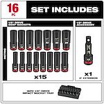 Milwaukee 16-piece 1/2" Drive Metric Deep Impact Socket Set includes 15 deep sockets (sizes 10-24 mm), one 3" extension, and an impact socket tray. The sockets feature a durable black finish with red accents.