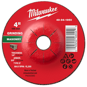 4" x 1/4" x 5/8" Masonry Grinding Wheel - Type 27 with center hole, showing specifications and safety icons, made in Thailand.
