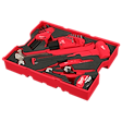 A 27PC Hex Key & Hammer Set with Tray for PACKOUT™ Drawers. The set is neatly organized in a red tray and includes hex keys, a hammer, a tape measure, and other tools, all with a red and black color scheme.