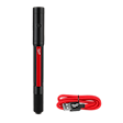 The MILWAUKEE® RECHARGEABLE 250L PENLIGHT W/ LASER features a black cylindrical body with a red accent. A power button is located near the top. Included is a red USB charging cable with a Milwaukee logo on the plug.