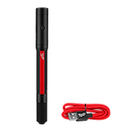 The MILWAUKEE® RECHARGEABLE 250L PENLIGHT W/ LASER features a black cylindrical body with a red accent. A power button is located near the top. Included is a red USB charging cable with a Milwaukee logo on the plug.