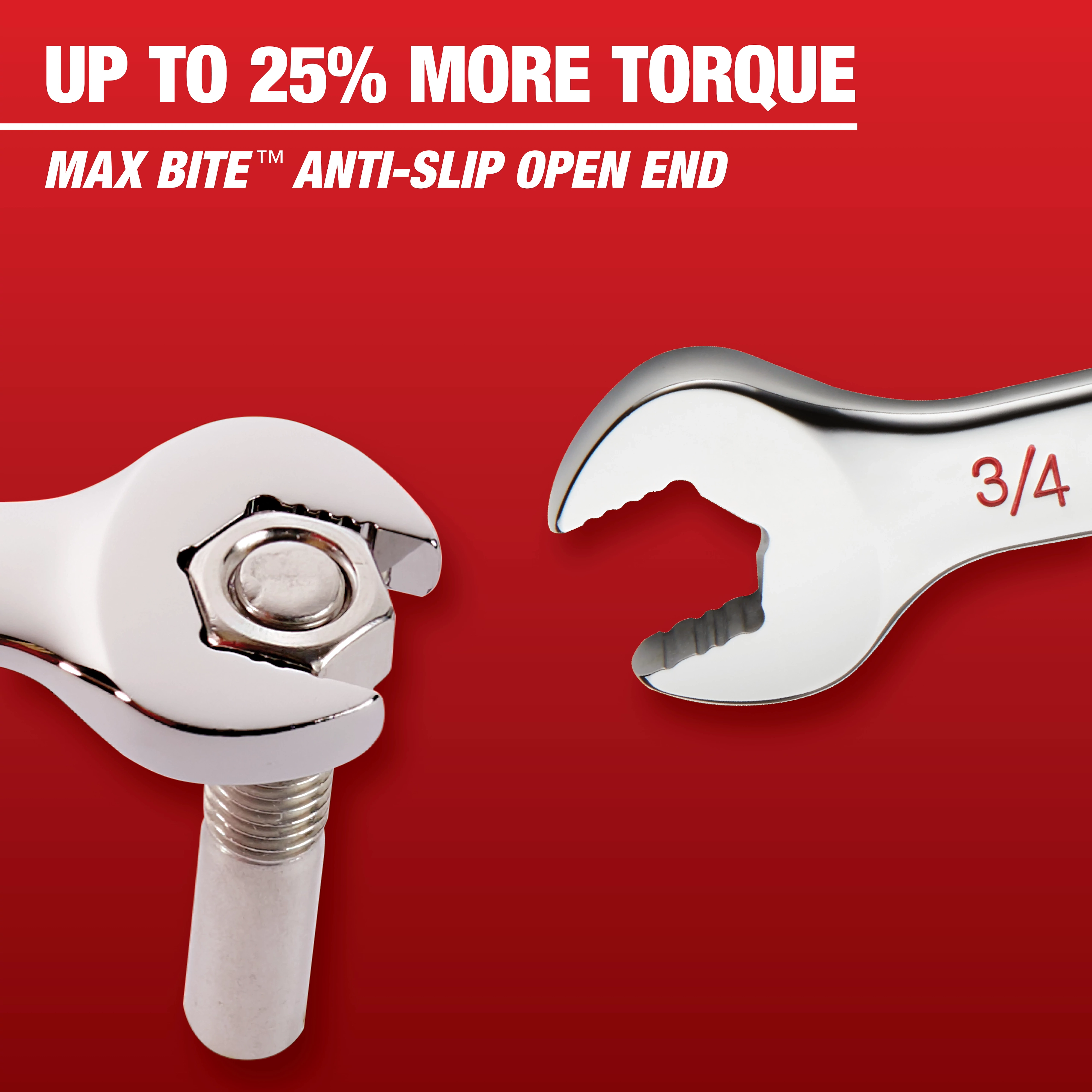Image showing Mechanic Hand Tools with a focus on a 3/4 open-end wrench labeled "Max Bite Anti-Slip Open End." The text reads "Up to 25% More Torque" against a red background. The wrench is depicted gripping a bolt securely.