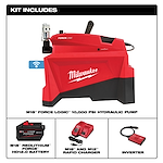 The image shows the M18™ FORCE LOGIC™ 10,000 PSI Hydraulic Pump kit, which includes the hydraulic pump, M18™ REDLITHIUM™ FORGE™ HD12.0 battery, M18™ and M12™ rapid charger, and an inverter. The pump is red with Milwaukee branding and FORCE LOGIC™ labeling.