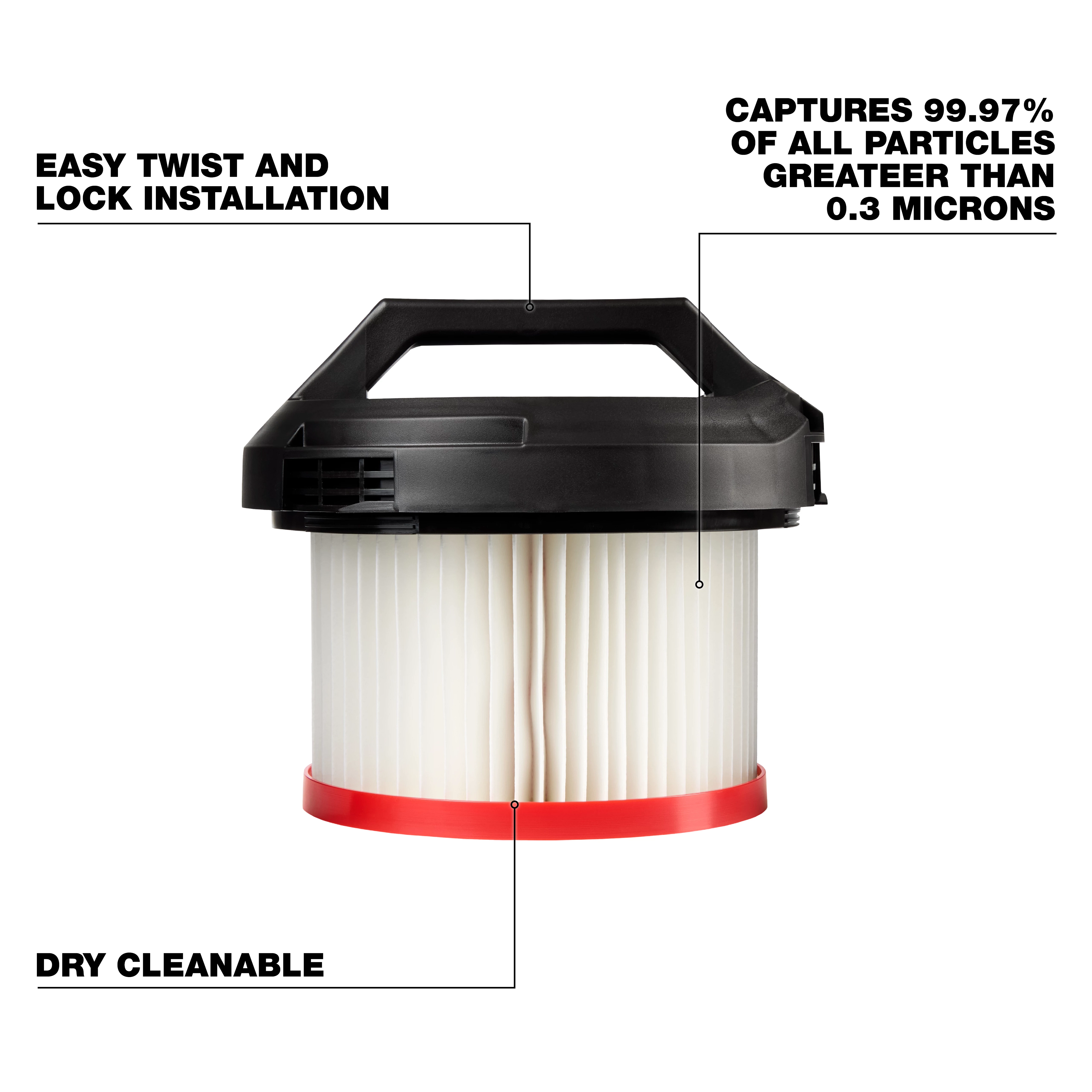 The HEPA Filter features easy twist and lock installation, dry cleanability, and captures 99.97% of all particles greater than 0.3 microns. It has a black handle, white pleated filter material, and a red base.