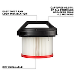 The HEPA Filter features easy twist and lock installation, dry cleanability, and captures 99.97% of all particles greater than 0.3 microns. It has a black handle, white pleated filter material, and a red base.