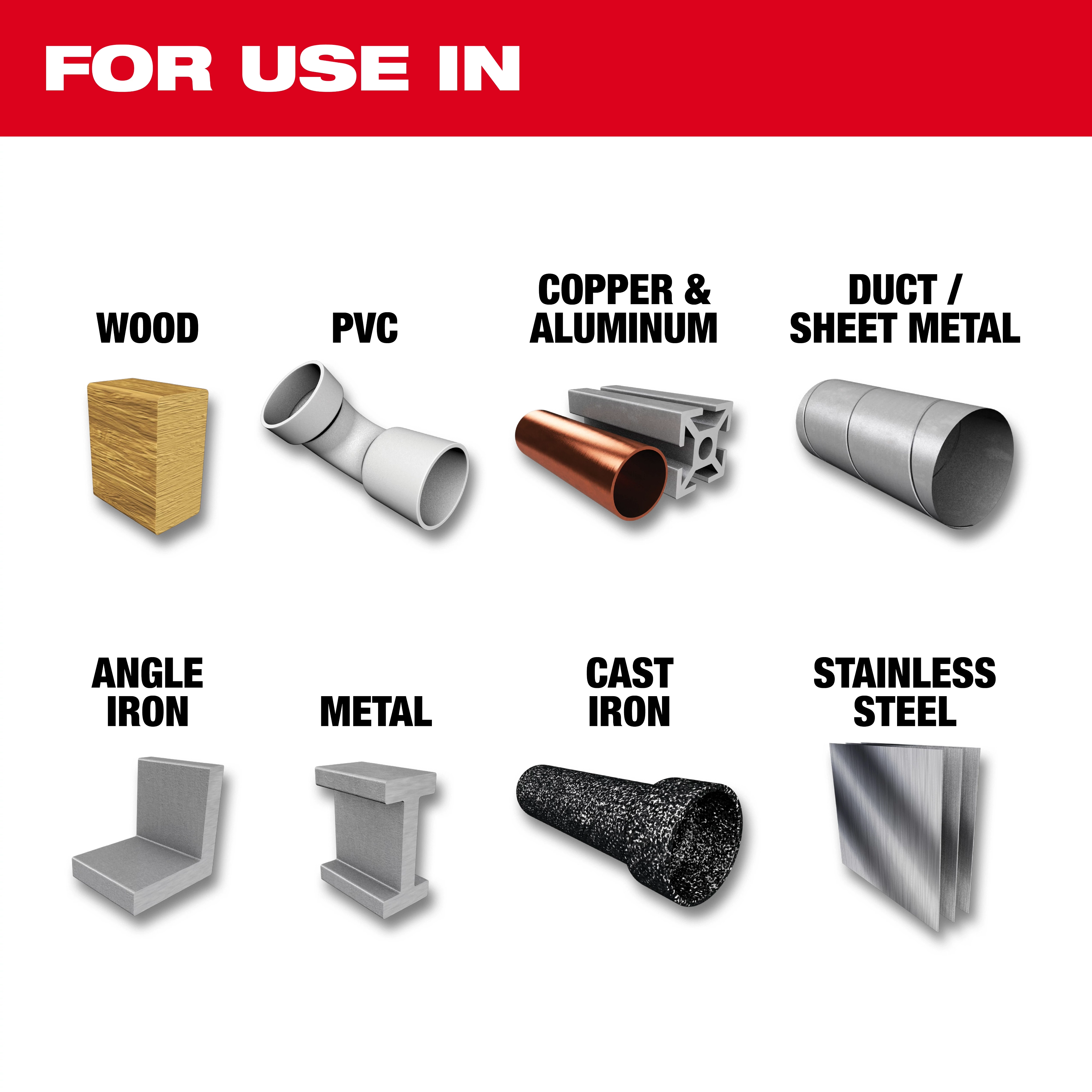 For Use In: Various materials including wood, PVC, copper, aluminum, duct/sheet metal, angle iron, metal, cast iron, stainless steel.