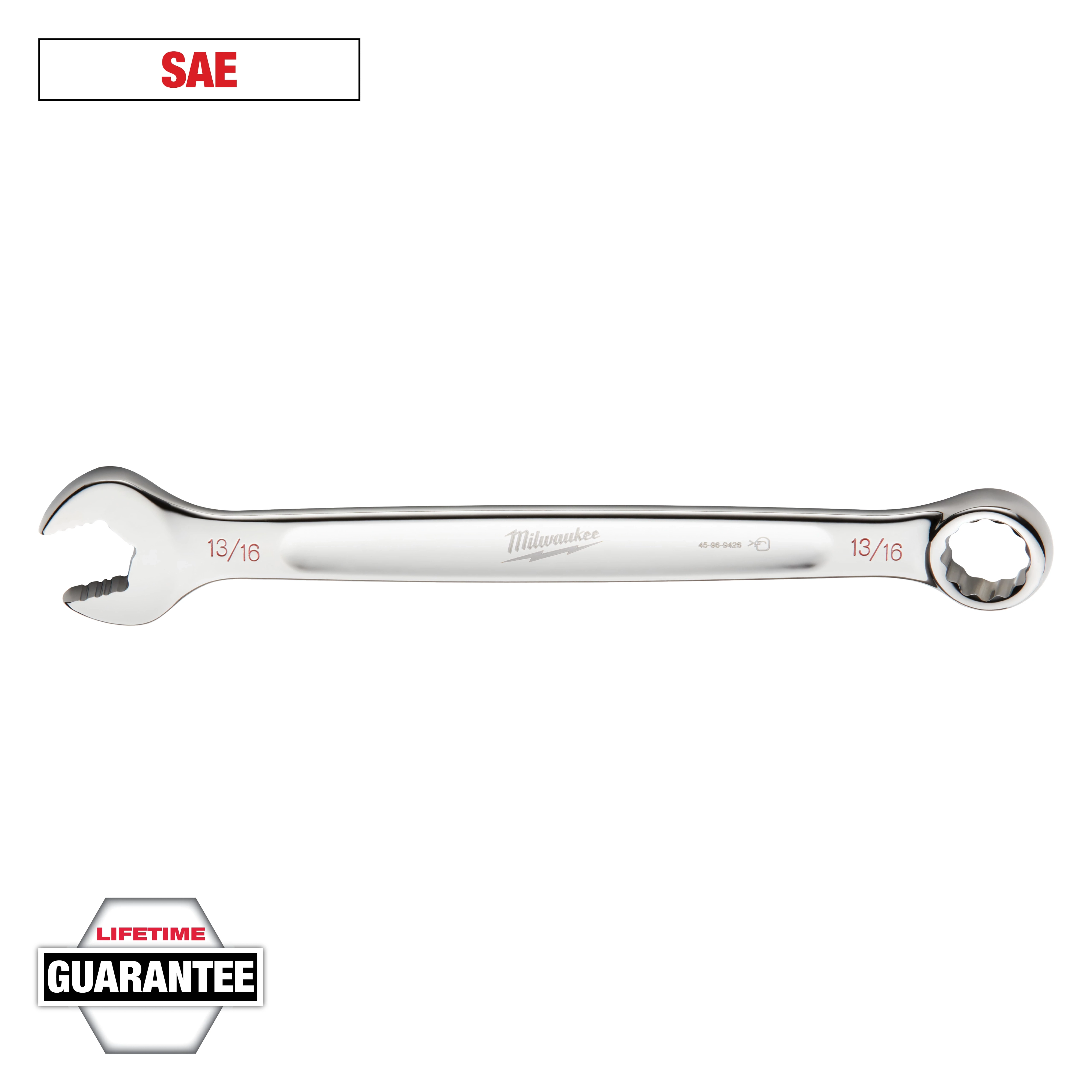 Image of a Milwaukee 13/16 combination wrench with an open-end and a box-end. It is labeled as SAE and comes with a lifetime guarantee. The wrench is made of chrome and has the Milwaukee logo engraved on it.