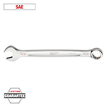 Image of a Milwaukee 13/16 combination wrench with an open-end and a box-end. It is labeled as SAE and comes with a lifetime guarantee. The wrench is made of chrome and has the Milwaukee logo engraved on it.