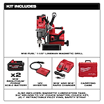 The image shows the contents of a Milwaukee M18 Fuel 1-1/2" Lineman Magnetic Drill kit. The kit includes the magnetic drill, two M18 REDLITHIUM FORGE XC8.0 batteries, a 12V inverter, an M18 and M12 rapid charger, and a carrying case. Additional accessories are listed below.