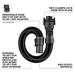 The 1-7/8" x 6' Flexible Hose features removable hose ends, two clamps for locking, and anti-static material. It expands to 6 feet for greater reach and collapses to 4 feet for easy storage. Compatibility with the 49-90-1980 adapter is indicated.