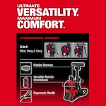 M18 FUEL™ 3-in-1 Backpack Vacuum features a 3-in-1 ergonomic design: wear, hang, and carry. Includes a padded harness, versatile remote orientations, and an ergonomic handle. Presented with a red and black color scheme, emphasizing ultimate versatility and maximum comfort.