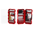 This image shows the SHOCKWAVE™ Impact Duty Drill, Drive & Fasten Set – 75PC. The opened red case contains various drill bits, driver bits, nut drivers, and other fastening tools. The clear plastic cover is visible on the left side.