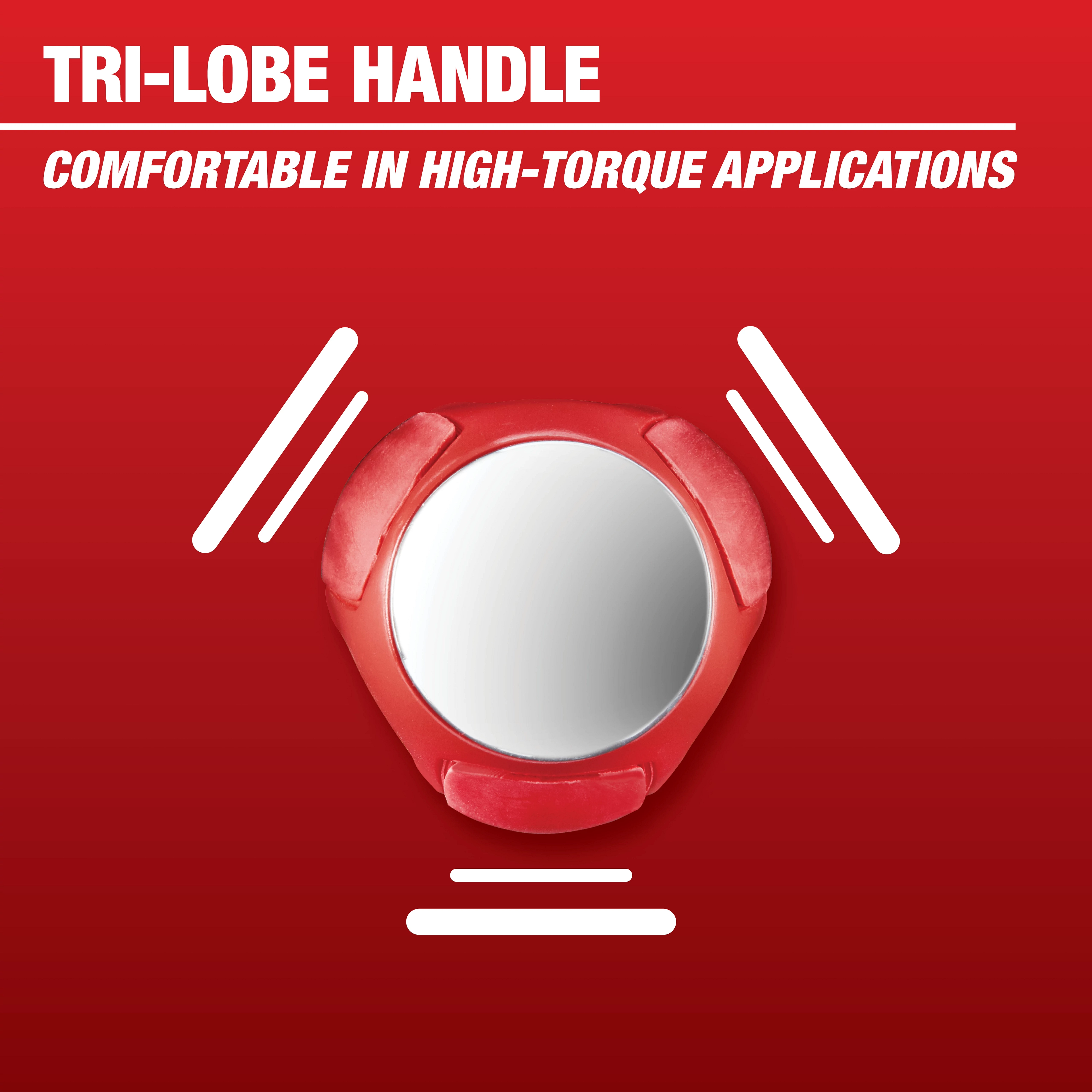 Image of a red tri-lobe handle with a silver center from Mechanic Hand Tools. The text above reads "Tri-Lobe Handle" and "Comfortable in High-Torque Applications" on a red background.