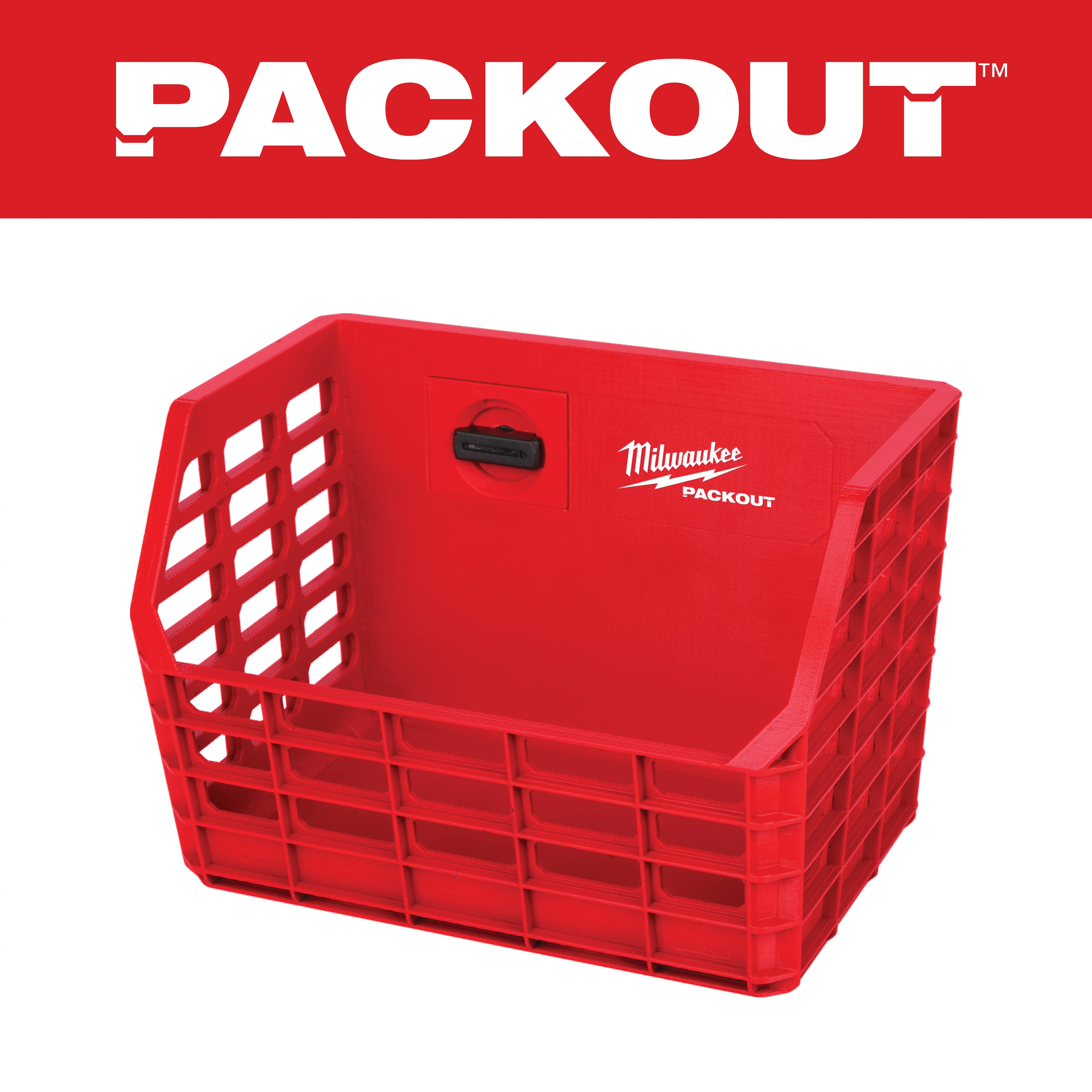 Red PACKOUT Compact Wall Basket with a grid design, featuring a black latch and the Milwaukee PACKOUT logo on the back panel.