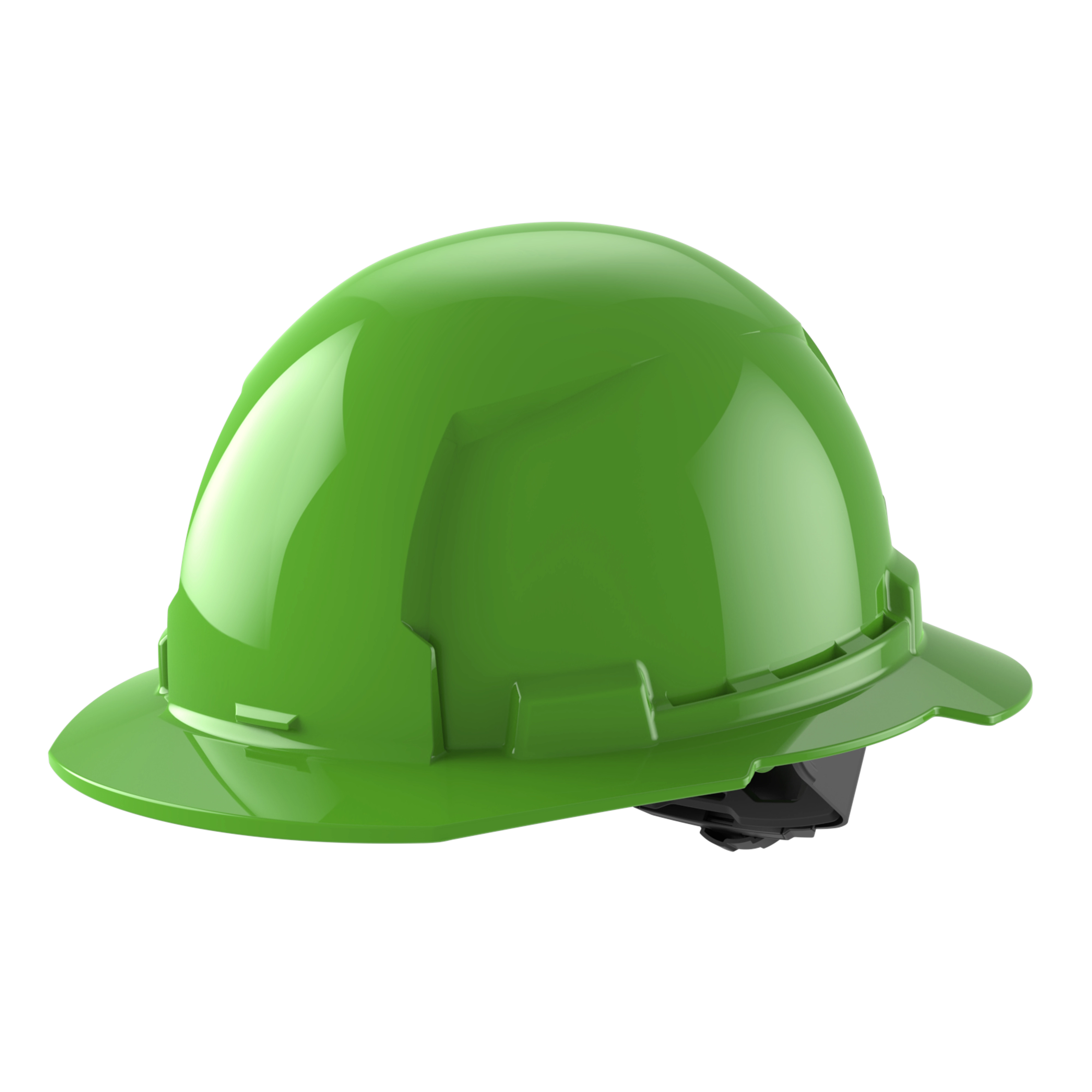 Bright green construction hard hat, with a glossy finish and a wide brim, isolated on a white background.