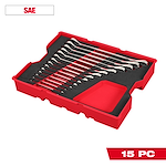 The 15pc. SAE Ratcheting Combination Wrench Set with Tray for PACKOUT™ Drawers includes 15 wrenches in a red and black tray, designed to fit PACKOUT™ drawers.