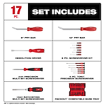 The image displays the 17pc. Screwdriver & Pry Bar Set with Tray for PACKOUT™ Drawers. It includes two pry bars, a demolition driver, six screwdrivers, a 4-in-1 precision screwdriver, a 6-piece Torx® precision set, a 14-in-1 ratcheting screwdriver, and a PACKOUT™ compatible tray.