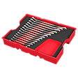 Image of a 15PC Metric Ratcheting Combination Wrench Set with Tray for PACKOUT™ Drawers. The set includes fifteen wrenches neatly arranged in a red tray with a black insert. There is an empty compartment on the right side of the tray for additional storage.