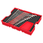 Image of a 15PC Metric Ratcheting Combination Wrench Set with Tray for PACKOUT™ Drawers. The set includes fifteen wrenches neatly arranged in a red tray with a black insert. There is an empty compartment on the right side of the tray for additional storage.