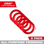 Five coils of red trimming line labeled ".095 in x 20' Pre-Cut Spools," marked as "5 Pack" for "All Purpose