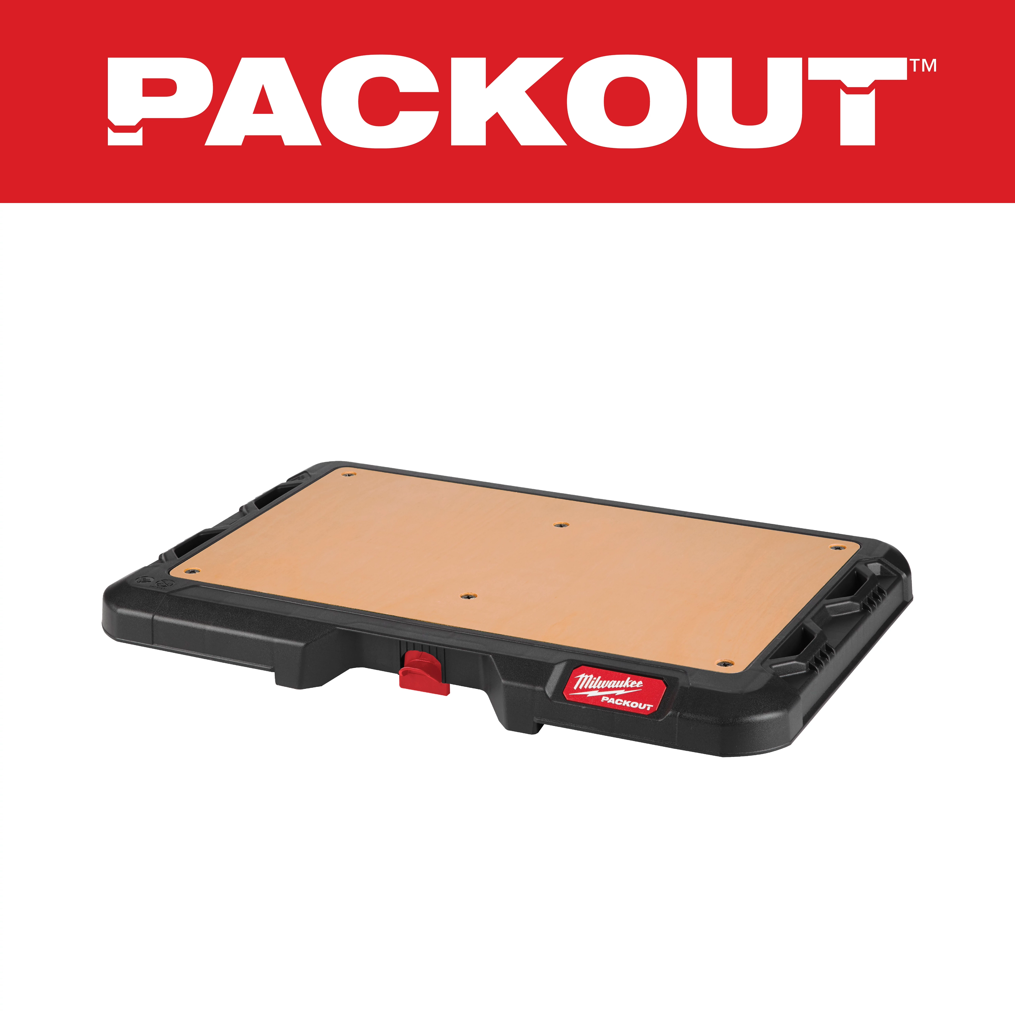 PACKOUT Customizable Work Top 48-22-8488 with a durable wooden surface and a black plastic frame featuring red accents.