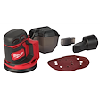 Milwaukee M18 Random Orbit Sander with attachments, including dust canister, adapter, and sanding discs, displayed on a white background.