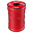 A spool of Milwaukee red trimmer line encased in black netting, with product information label on top.