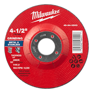 4-1/2" x 1/4" x 7/8" Metal Grinding Wheel - Type 27, red with specifications. Suitable for grinding metal and stainless steel.