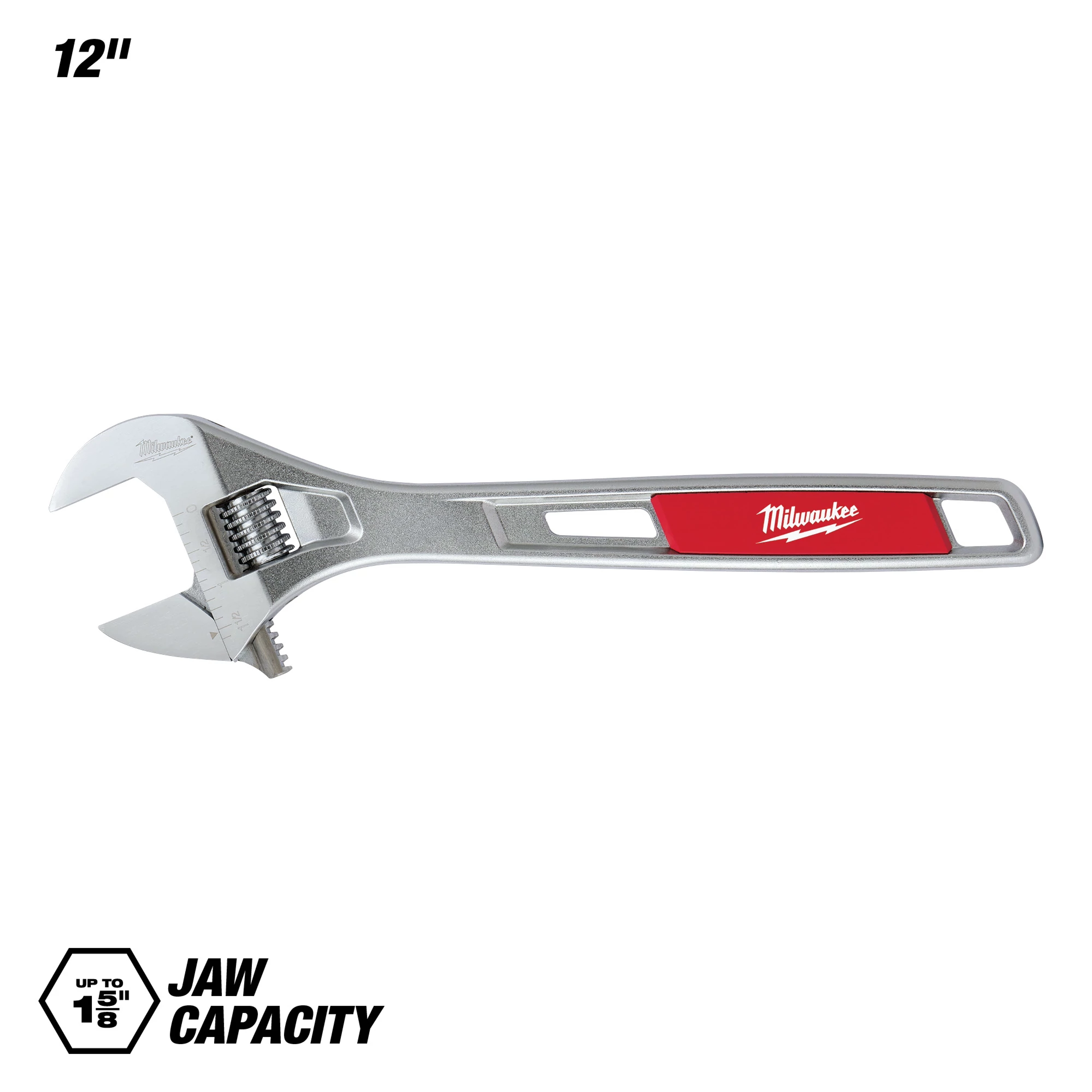Milwaukee 12-inch adjustable wrench with a red handle and a maximum jaw capacity of 1.5 inches. The wrench features a smooth adjustment mechanism and a durable metallic finish, ideal for various plumbing and mechanical applications.