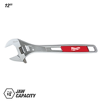 Milwaukee 12-inch adjustable wrench with a red handle and a maximum jaw capacity of 1.5 inches. The wrench features a smooth adjustment mechanism and a durable metallic finish, ideal for various plumbing and mechanical applications.