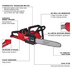 Image of the M18 FUEL Chainsaw with various features labeled. It includes a POWERSTATE™ brushless motor for maintaining heavy load speed, variable speed trigger, onboard storage for a wrench, chain tensioner, no spill oil reservoir with a clear window, all-metal bucking spikes, 16" Oregon® bar chain, and dual stud for improved bar/chain retention.