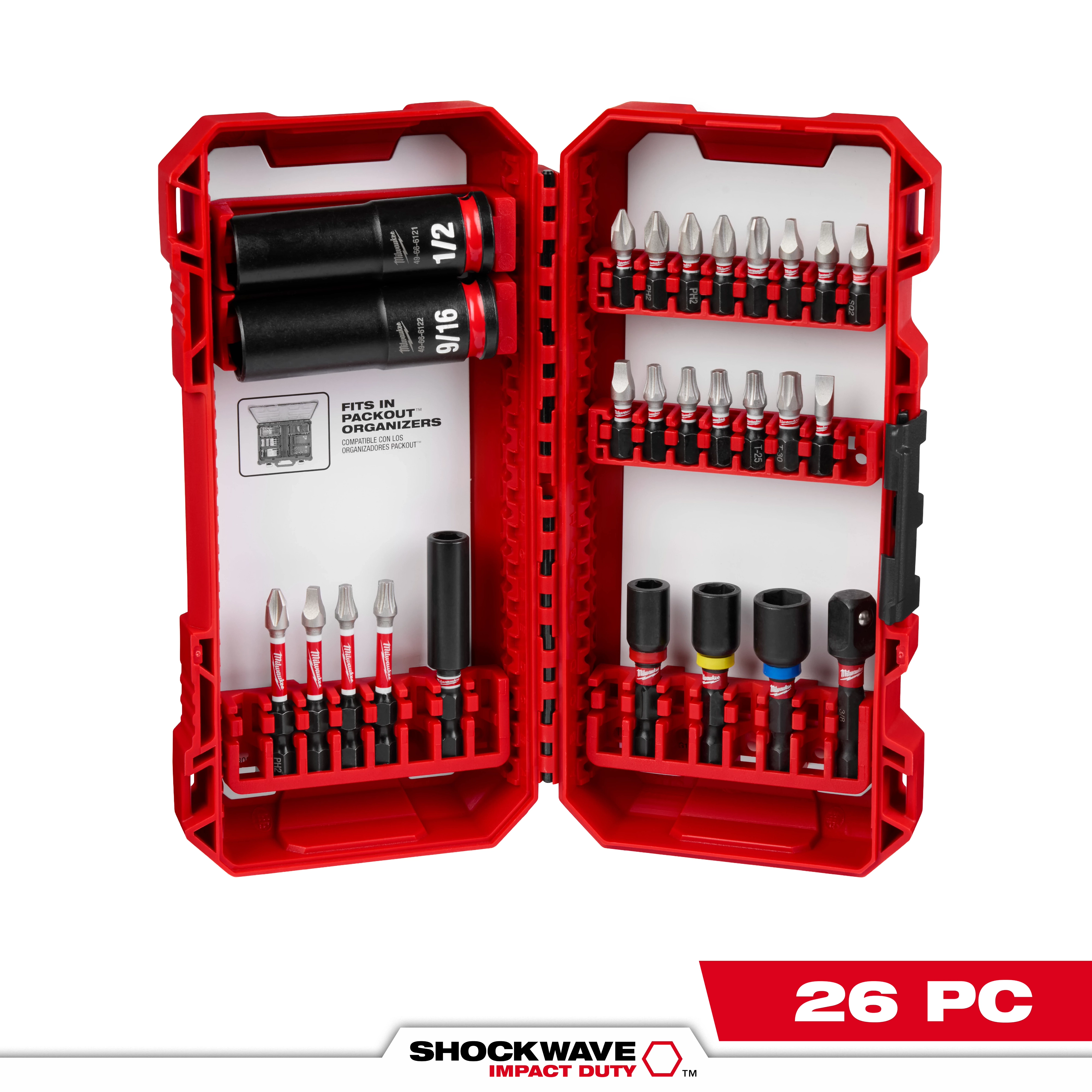 The image shows the SHOCKWAVE™ Impact Duty Drive and Fasten Set - 26PC. It includes various screwdriver bits and sockets efficiently organized in a red plastic case that opens in the center. The case is labeled to fit in PACKOUT organizers. The set features both metric and imperial sizes.