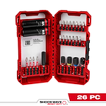 The image shows the SHOCKWAVE™ Impact Duty Drive and Fasten Set - 26PC. It includes various screwdriver bits and sockets efficiently organized in a red plastic case that opens in the center. The case is labeled to fit in PACKOUT organizers. The set features both metric and imperial sizes.