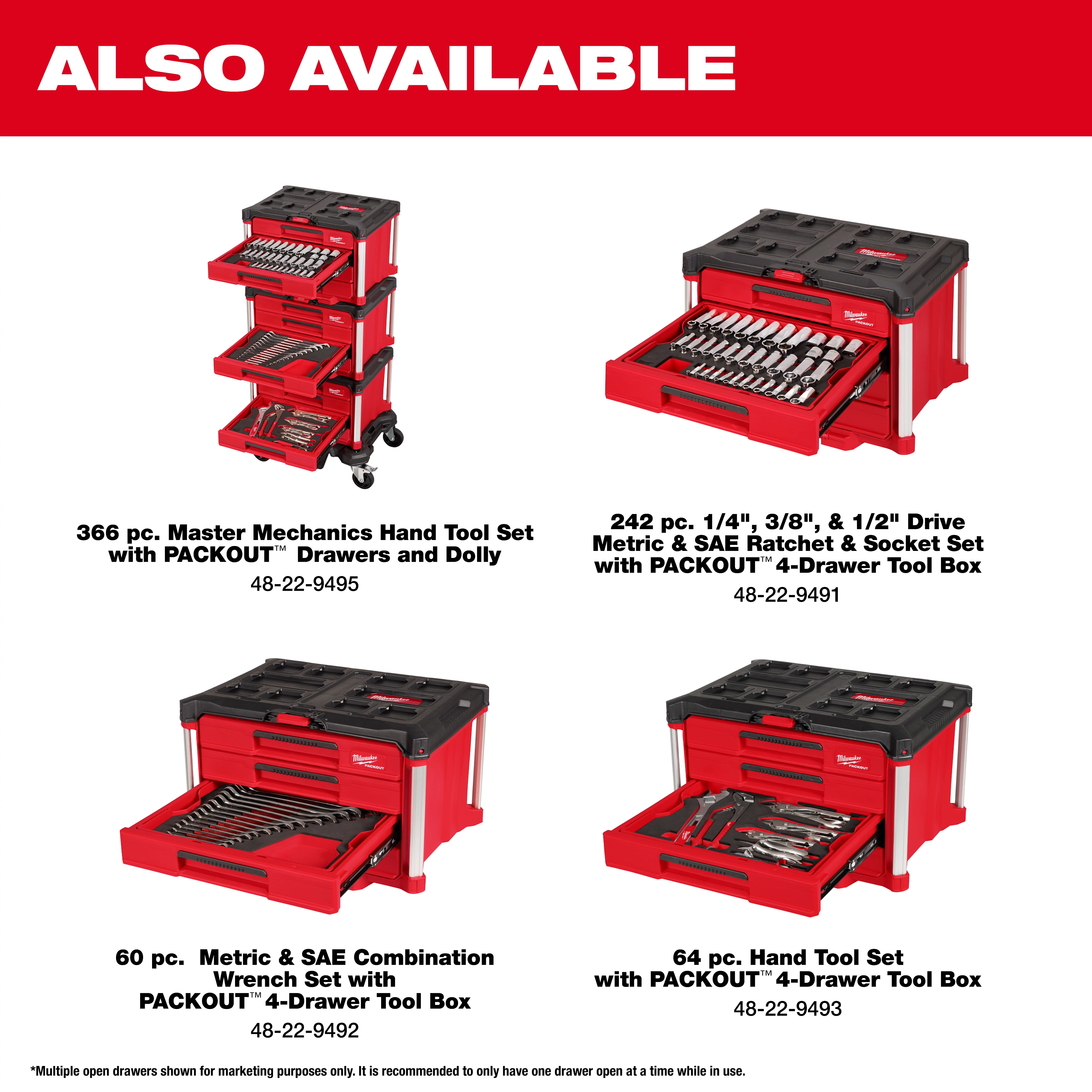 The image features a 366pc. Master Mechanics Hand Tool Set with PACKOUT™ Drawers and Dolly, alongside other tool sets in PACKOUT™ 4-Drawer Tool Boxes. The red and black storage units offer organized compartments and mobility for various tools.
