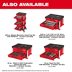 The image features a 366pc. Master Mechanics Hand Tool Set with PACKOUT™ Drawers and Dolly, alongside other tool sets in PACKOUT™ 4-Drawer Tool Boxes. The red and black storage units offer organized compartments and mobility for various tools.