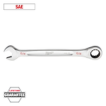 Image of a Milwaukee 15/16 inch SAE ratcheting combination wrench with the label "Lifetime Guarantee" in the lower left corner. The wrench features an open end and a ratcheting box end.