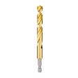 Red Helix Titanium Impact Drill Bit with a golden, twisted design and a silver hexagonal base, designed for enhanced durability and cutting efficiency.