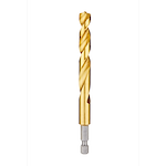Red Helix Titanium Impact Drill Bit with a golden, twisted design and a silver hexagonal base, designed for enhanced durability and cutting efficiency.
