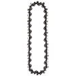 A chainsaw chain in an oval shape with metallic links and cutting teeth.