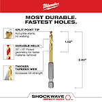 The SHOCKWAVE 5/32 in. Titanium Drill Bit features a split point tip for accurate starts, a variable helix for faster material removal, and a thicker tapered web for increased strength. The bit measures 2.80 inches in length with 1.02 inches of flute length.