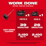 Image showing M18 FUEL™ QUIK-LOK™ Bristle Brush Attachment details. Includes images of HD12.0 and XC8.0 batteries, with usage times of 39 and 26 minutes, clearing 3,150 sq ft and 2,100 sq ft of light debris respectively. Text reads: 'WORK DONE.'"
