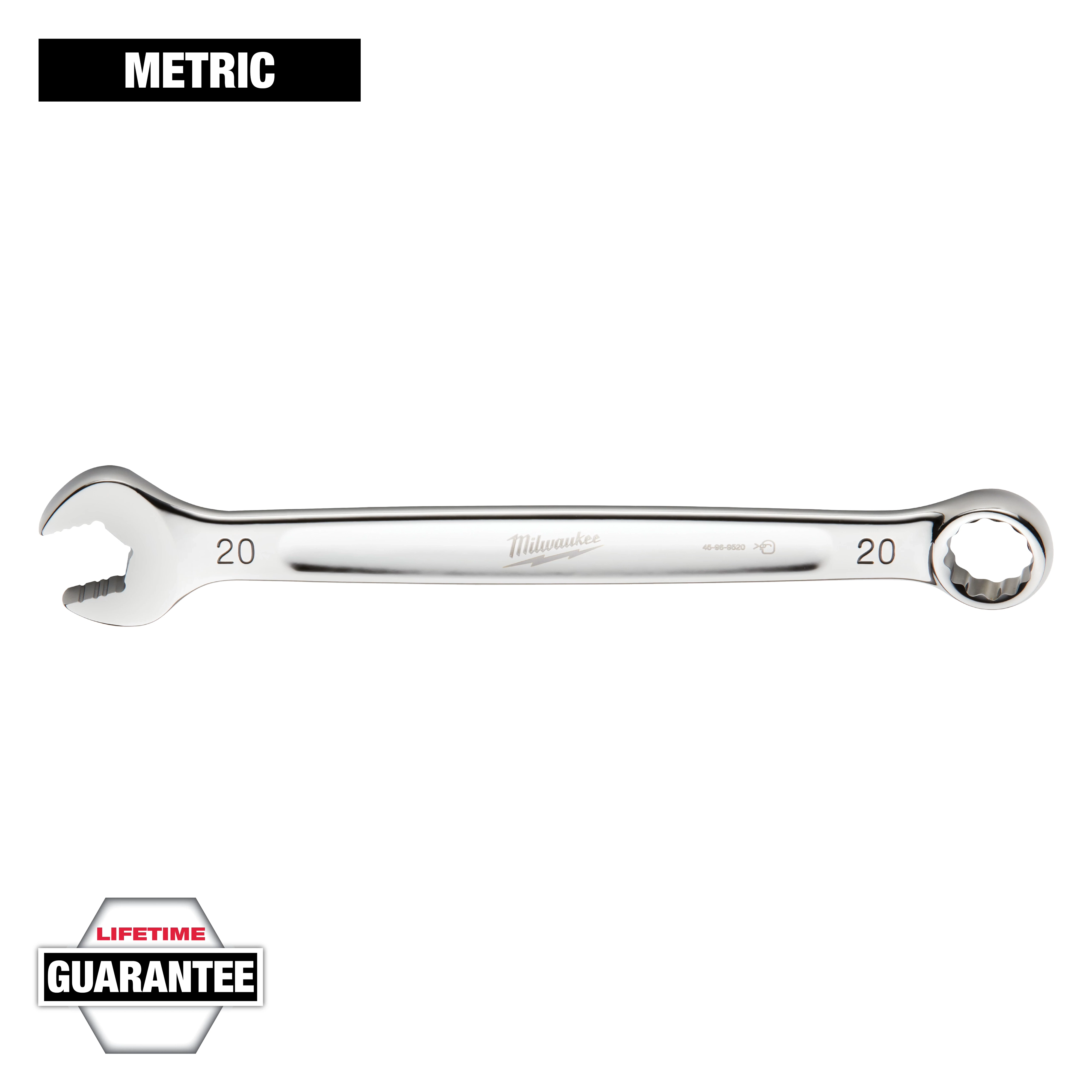 This image features a metric Milwaukee combination wrench with a 20 mm size. One end is open, and the other is a closed ring. "Lifetime Guarantee" text is present in the bottom left corner.