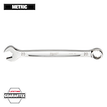 This image features a metric Milwaukee combination wrench with a 20 mm size. One end is open, and the other is a closed ring. "Lifetime Guarantee" text is present in the bottom left corner.