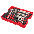 A 9-piece Pliers and Wrench Set with Tray for PACKOUT Drawers is displayed. The red tray holds a variety of pliers and wrenches with red and metallic finishes, neatly arranged in designated slots within protective padding.