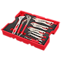 A 9-piece Pliers and Wrench Set with Tray for PACKOUT Drawers is displayed. The red tray holds a variety of pliers and wrenches with red and metallic finishes, neatly arranged in designated slots within protective padding.