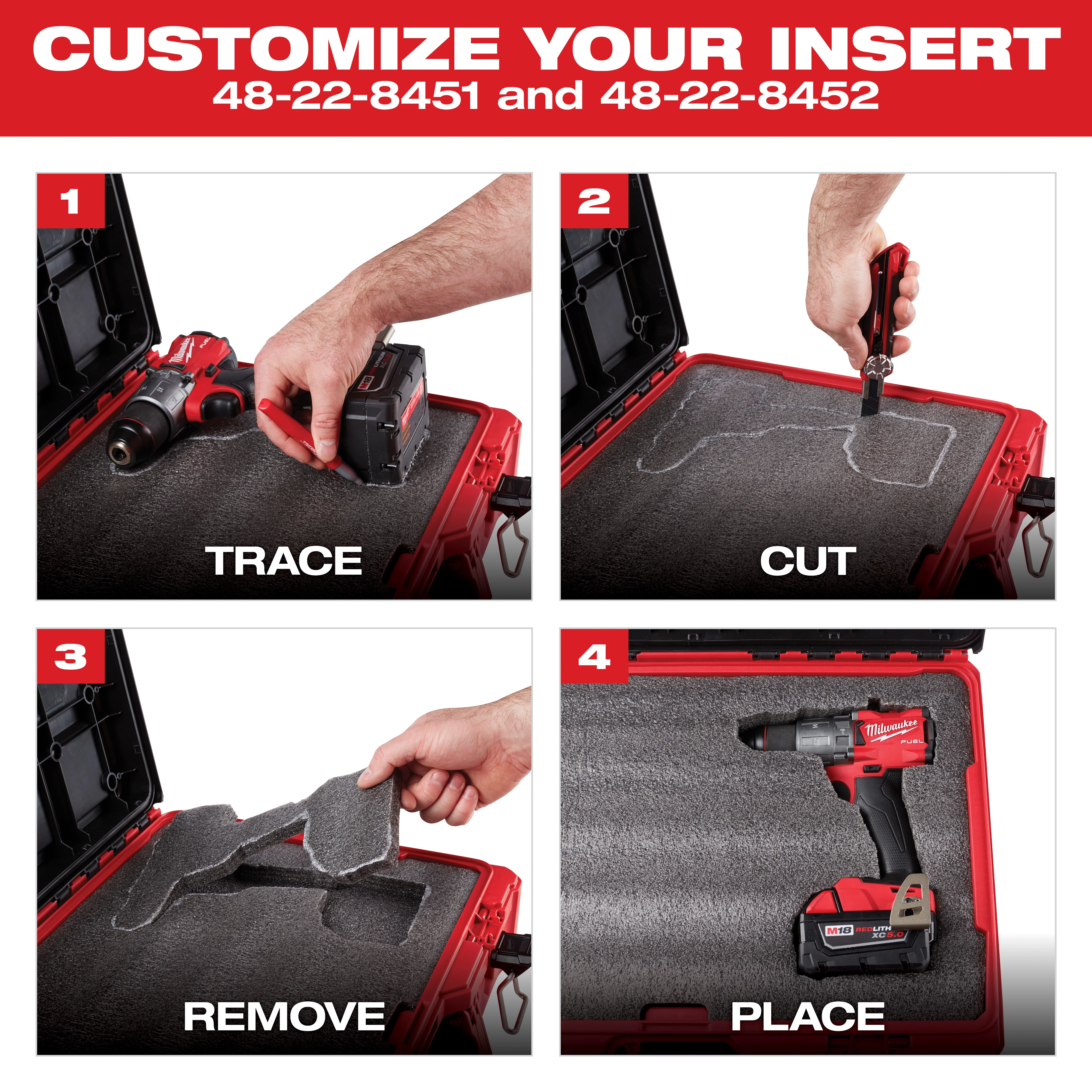Step-by-step instructions to customize a Custom Foam Insert by tracing, cutting, removing, and placing tools within the insert.