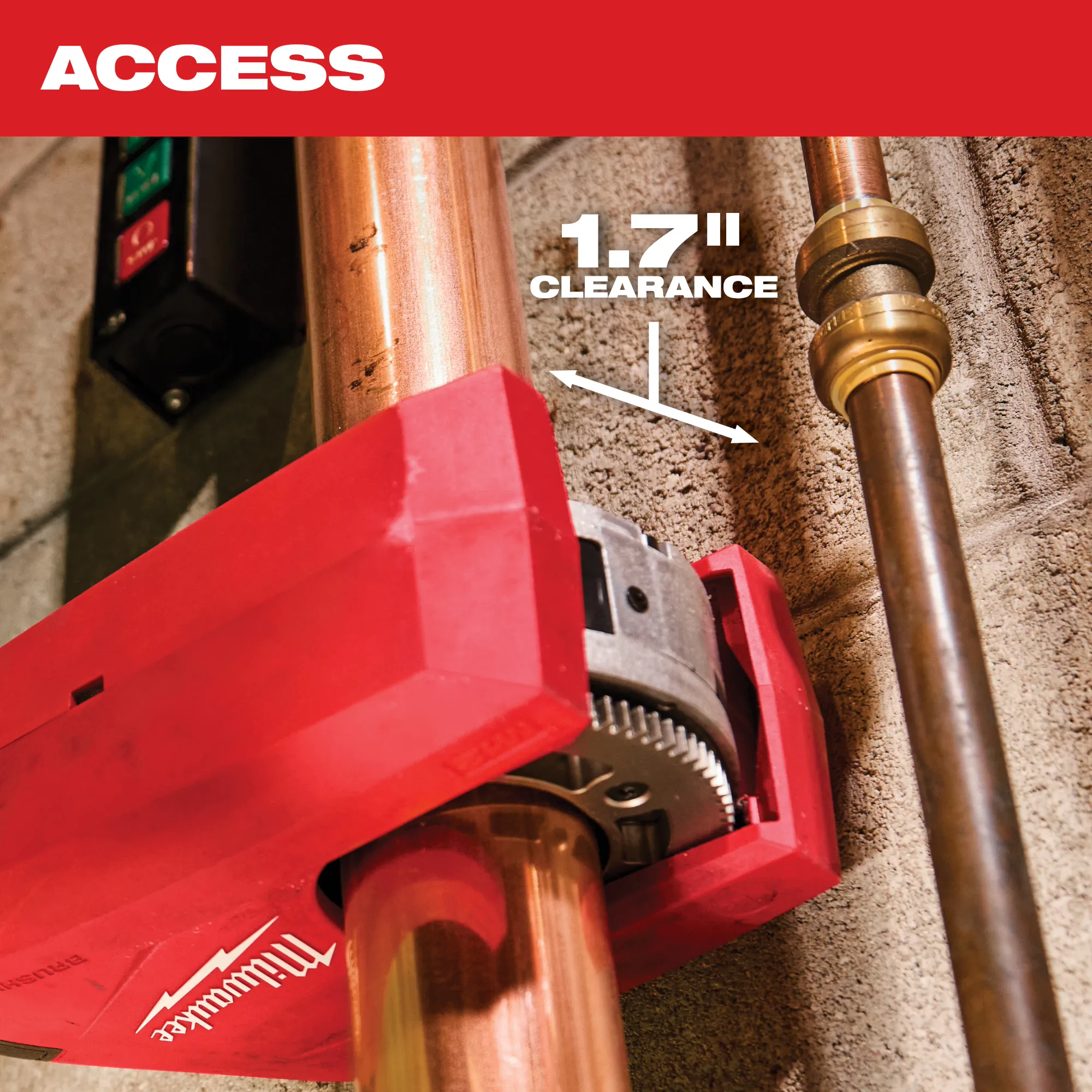 Close up image of the Milwaukee M12 Brushless 1-1/4" - 2" Copper Tubing Cutter highlighting the 1.7" clearance