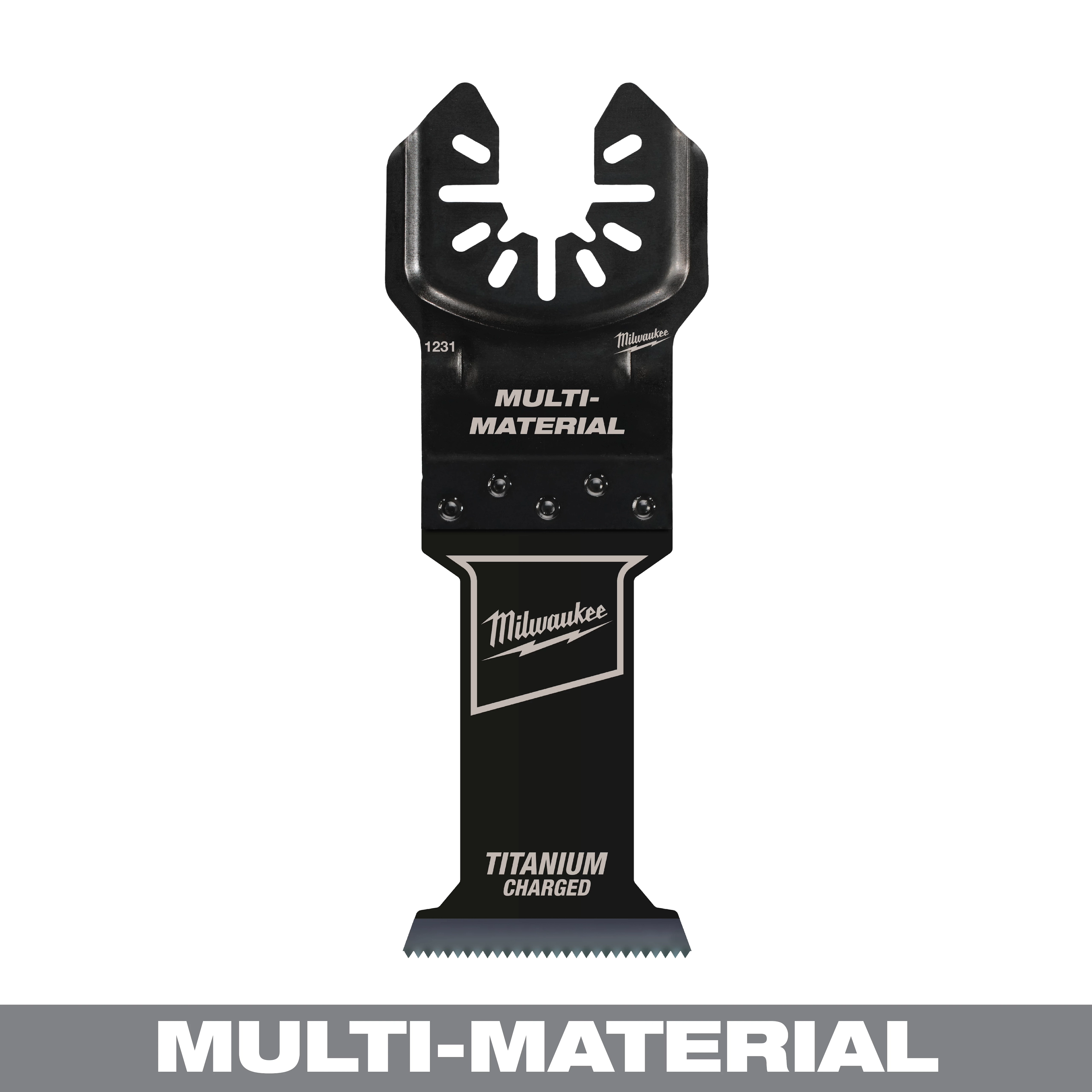 Milwaukee Open-Lok 1-3/8" Titanium Charged Bi-Metal Multi-Material Multi-Tool Blade. Black with product details in white text.