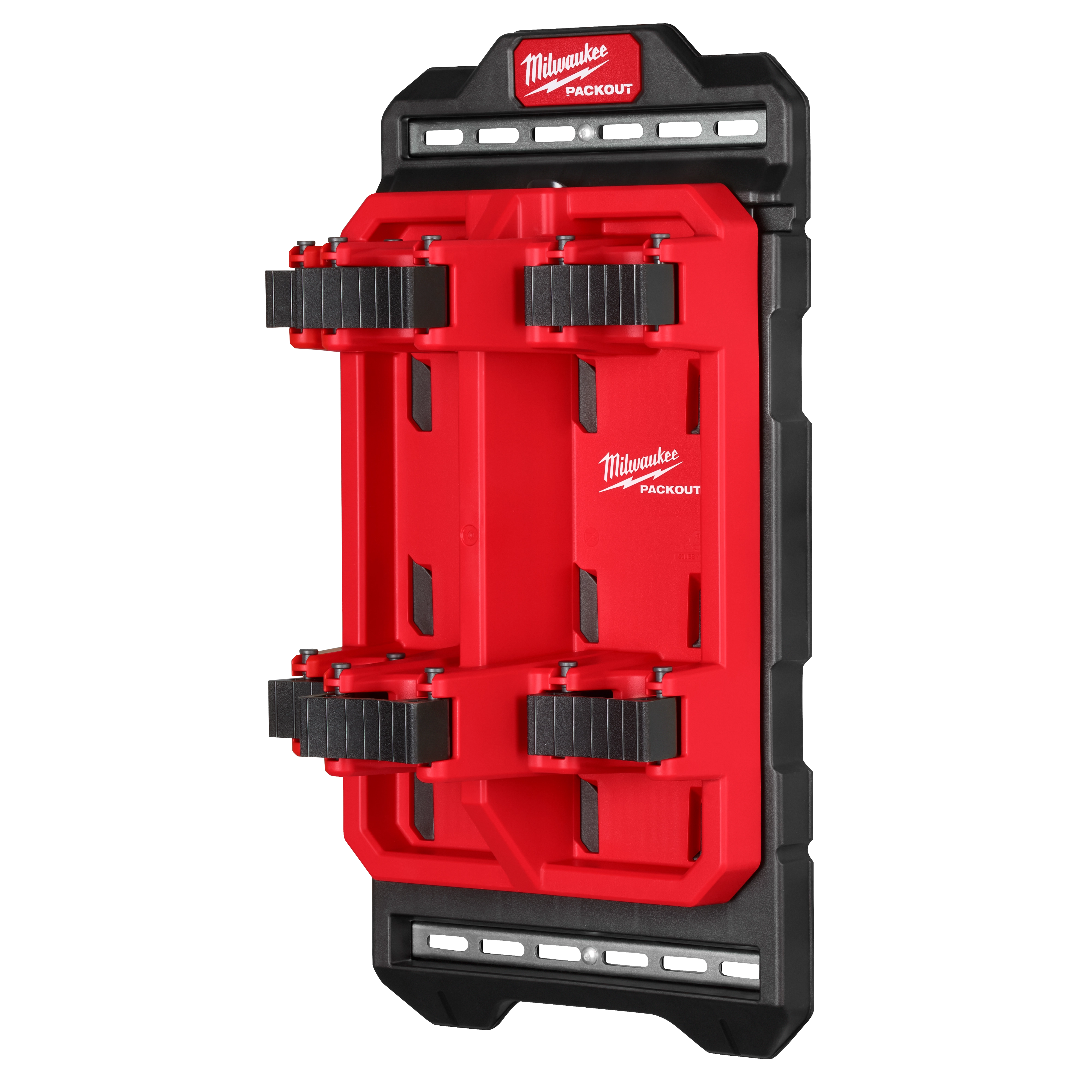 PACKOUT Compact Wall Plate in red and black with mounting brackets for tool storage, branded with Milwaukee logo.